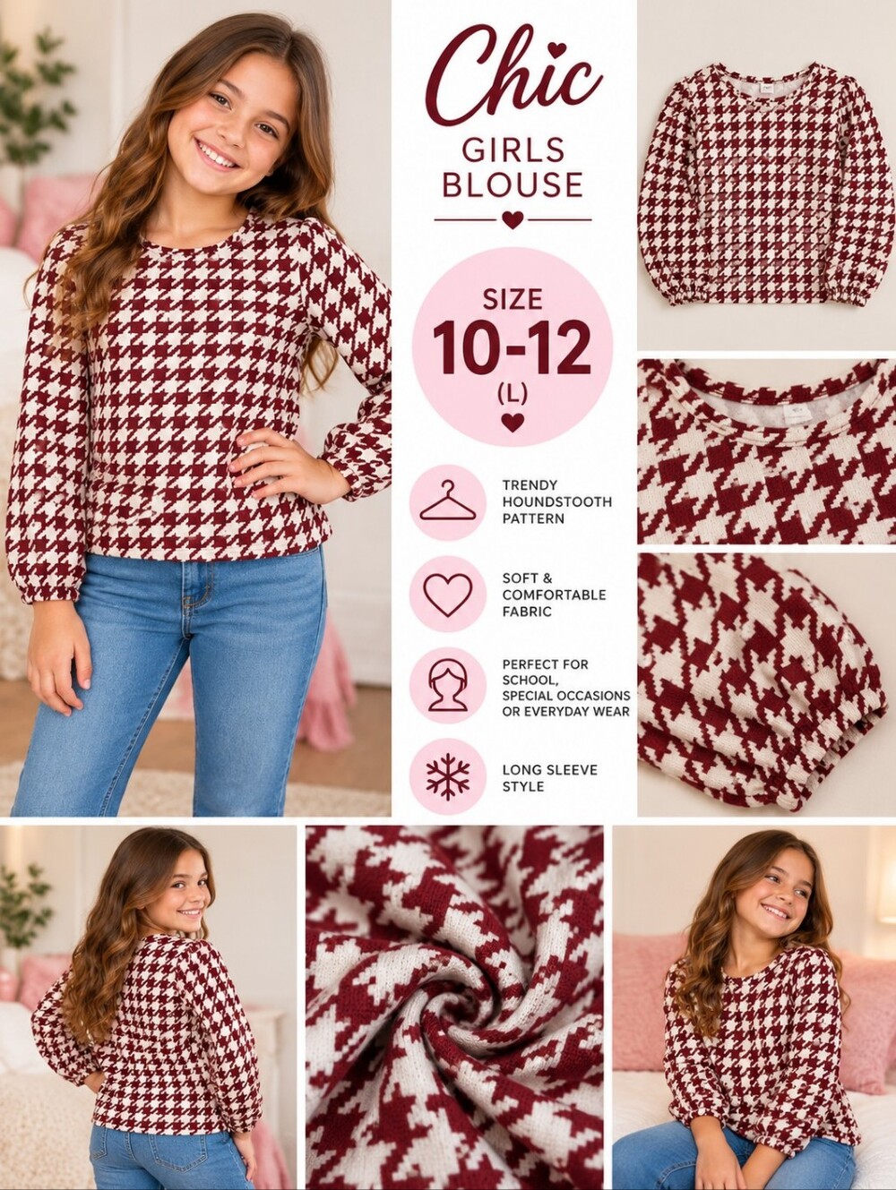 Chic girls size 10-12 red patterned blouse #01